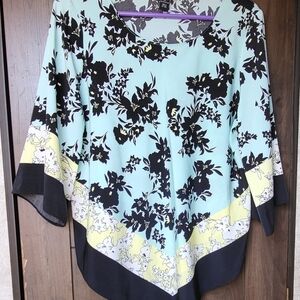 Alfani Floral Print Petire Large Blouse Aqua, Yellow Black